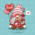 Happy Valentine Day With Cute Gnome Holding Heart Balloon, I love you, Cartoon Illustration