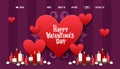 Happy valentine day,14 february, lovely pink heart, candle, flat vector illustration. Landing lovers day, date, cutting