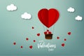 Happy Valentine day. Greeting card. Air balloon with hearts flying on the sky in origami style. Vector illustration in paper desig Royalty Free Stock Photo