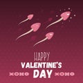 Happy valentine day greeting card with heart headed sperm. Holiday web banner. Love symbol ironic postcard template background. V