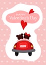 happy valentine day card, cute teddy bear couple riding a car, cartoon style, vector illustration, A6