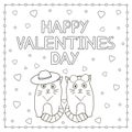 Happy Valentine Day hand drawn text, cats and hearts. Coloring p