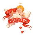 Happy valentine day. Heart with cherub. Vector illustration