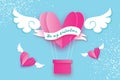 Happy Valentine day. Heart Pink hot air balloon flying. Love in paper cut style. Origami heart and angel wings. Winged Royalty Free Stock Photo