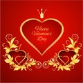 Happy Valentine day  hearts hearts and crown with gold  leaves festive red background vintage vector illustration editable hand Royalty Free Stock Photo