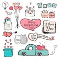 Happy Valentine Day. Set Of Doodle Valentine Day Labels And Typography Elements. Royalty Free Stock Photo