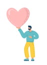 Happy Valentine Day Surprise. Man holding Huge Heart Present. Loving Person, Character go to Dating, Seniors Love