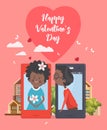 Happy Valentine Day vector illustration with african american woman and man. Selfie of young couple. Phone dating. Pink te Royalty Free Stock Photo