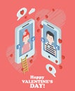 Happy Valentine Day vector illustration with girlfriend and boyfriend. Selfie of young couple in love. Phone dating Royalty Free Stock Photo