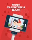 Happy Valentine Day vector illustration with woman and man. Selfie of young couple in love in Paris. Phone dating Royalty Free Stock Photo