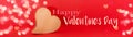 Happy Valentine`s Day background banner panorama greeting card - Wooden rustic heart, on red paper texture with bokeh lights