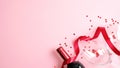 Happy Valentine`s Day background with bottle of wine champagne, glass, red ribbon on pink background. Flat lay, top view, copy Royalty Free Stock Photo