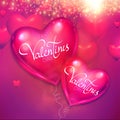 Happy Valentine`s Day Background with Colorful and Glossy Pink Foil Heart Balloons. Vector illustration Royalty Free Stock Photo