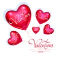 Happy Valentine`s Day Background with Colorful and Glossy Red Foil Heart Balloons Isolated on White. Vector illustration Royalty Free Stock Photo