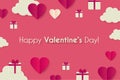 Happy Valentine s day background with hearts, gifts and clouds. Cute papercut design