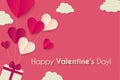 Happy Valentine s day background with hearts, gifts and clouds. Cute papercut design