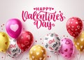 Happy valentine`s day balloons vector design. Valentines greeting text typography with colorful birthday balloon