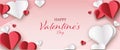 Happy Valentine`s day baner for online and offline use or flyer in paper cut style with red and white heart on rose background wi