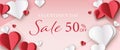 Happy Valentine`s day baner sale 50% off for online and offline use or flyer in paper cut style