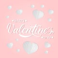 Happy Valentine s day banner with calligraphy hand lettering and white folded paper hearts on pink background. Valentines day 3d Royalty Free Stock Photo