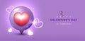 Happy Valentine`s day banner with a Creative pin heart shape, love symbols on purple background. Vector. Royalty Free Stock Photo