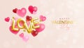 Happy Valentine\'s day banner with 3D golden love alphabet and heart balloons on bokeh background