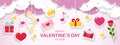 Happy Valentine`s Day banner decorated clouds with hanging love symbols, gifts, hearts, roses, confetti, and stars shine. Royalty Free Stock Photo