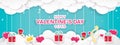 Happy Valentine`s Day banner decorated with symbols of love, Gift box, Hearts, Archer, Rose, hanging with string on Clouds.