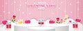 Happy Valentine`s Day banner decorated with symbols of love, Gift box, Hearts, Roses, Archer, Crown, Stars, and Three podiums.