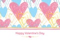 Happy Valentine`s Day banner. Greeting card. Love. Gold, blue and pink colors. Hand drawn hearts. Design for February 14 Royalty Free Stock Photo