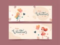 Happy Valentine`s Day Banner or Header Design With Cute Girl Character Holding Heart Balloons In Two Royalty Free Stock Photo