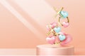 Happy Valentine`s Day banner. Holiday background with faling pink and blue hearts, gold realistic XO and pedestal. Crealive Royalty Free Stock Photo