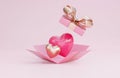 Happy valentine`s day banner with open gift box, 3d hearts and romantic valentine decorations on pink background.,3d model and Royalty Free Stock Photo