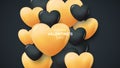 Happy Valentine\'s Day Banner. Romantic festive background with 3d black and gold glossy hearts.