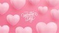 Happy Valentine\'s Day Banner. Romantic festive background with 3d pink glossy hearts and hand lettering.