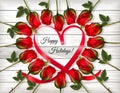 Happy Valentine`s Day beautiful getting card with colorful roses and a red heart shape ribbon