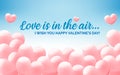 Happy Valentine`s day blue congratulation banner with heart shaped clouds, greeting card, invitation flyer with pink