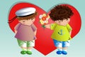 Happy valentine's day. The boy gives boy bouquet on background of the heart. Declaration of love, a proposal to marry, the concep