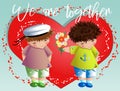Happy valentine's day. The boy gives boy bouquet on background of the heart. Declaration of love, a proposal to marry, the concep