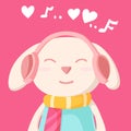 Happy Valentine`s Day with bunny rabbit listening to music with headphones, Valentines Day background with bunny happy Royalty Free Stock Photo