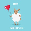 Happy Valentine`s day card. Cartoon sheep with balloon in the shape of a heart. Flat style.