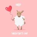 Happy Valentine`s day card. Cute sheep with balloon in the shape of a heart. Flat style. Royalty Free Stock Photo