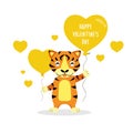 Happy Valentine`s day card. Cute Tiger cartoon with heart balloon