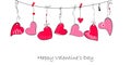 Happy Valentine's Day card with doodle hanging Love Valentines hearts vector Royalty Free Stock Photo