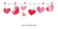 Happy Valentine`s Day card with doodle hanging retro love Valentines hearts Royalty Free Stock Photo