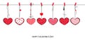 Happy Valentine`s Day card with doodle hanging retro love Valentines hearts Royalty Free Stock Photo