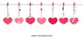 Happy Valentine`s Day card with doodle hanging retro love Valentines hearts Royalty Free Stock Photo