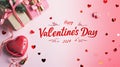 Happy Valentine`s Day card with elegant red lettering on pink background. Greeting on St Valentine, luxury design with gift