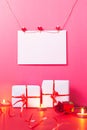 Happy ValentineÃÂ´s day card .with hearts, gifts, rose and .candles on pink background. San Valentin and Love concept Royalty Free Stock Photo