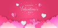 Happy Valentine's day card, horizontal banner with paper cut hearth and cloud pink background Royalty Free Stock Photo